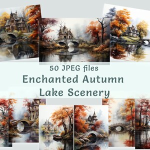 Autumn Clipart | 50 JPEG | Watercolor Lake Scenery | Commercial use sublimation print digital paper tree castle bridge background bundle
