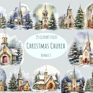 Aquarelle église clipart, 25 PNG de haute qualité, clipart d'arbre de Noël, église festive couverte de neige à usage commercial imprimables art mural