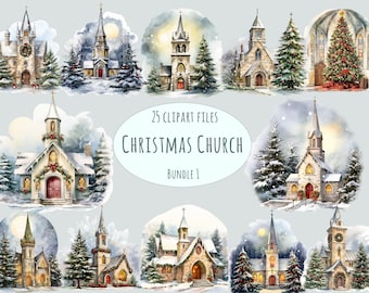 Clipart église | 25 PNG | Clipart Noël aquarelle | Lot numérique d'impression par sublimation de neige festive à usage commercial | Art de l'arbre vert