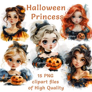 Clipart di principesse / 15 file PNG / Clipart di personaggi dei cartoni animati ad acquerello / Pacchetto di clipart di Halloween per uso commerciale / Decorazioni per stampa a sublimazione