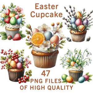 Ostern Clipart | Oster Cupcake | 47 Aquarell PNG-Dateien | Blumen Clipart | Ostereier Aufkleber | Kommerzielle Nutzung | Frühling Printables