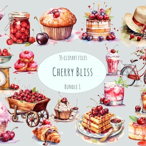 Clipart di cibi e dolci con ciliegie, 35 illustrazioni di ciliegie ad acquerello per menu in PNG, grafica di frutta deliziosa, arte da forno, uso commerciale