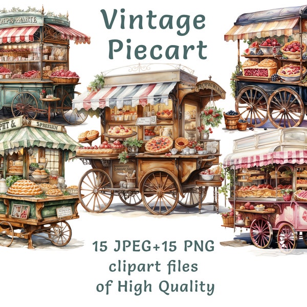 Watercolor cafe clipart, 15 high quality PNG and JPEG, Pie cart clip art wagon bakery cozy vintage wagon old food truck cafe menu printables