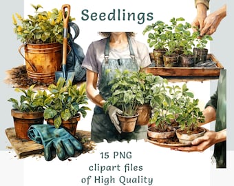 Gardener Clipart | 20 PNG | Watercolor seedling clipart | Commercial use sublimation print digital plant food spring stickers bundle