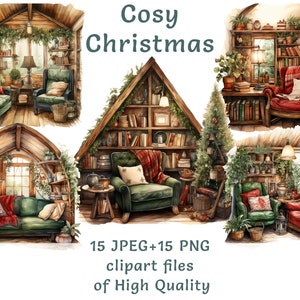 Leseratte Clipart | 15 PNG + JPEG | Aquarell Weihnachten Clipart | Kommerzielle Nutzung festliche Szene | Sublimationsdruck-Digitalpaket | Lesen