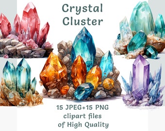 Può includere: Un'illustrazione digitale di cinque grappoli di cristalli colorati. Ogni grappolo è composto da più cristalli di varie forme e dimensioni. I cristalli sono posizionati su uno sfondo bianco. I grappoli sono disposti in fila, con il primo grappolo a sinistra e l'ultimo a destra. I cristalli sono di diversi colori, tra cui rosso, arancione, giallo, blu, verde e viola. I cristalli sono tutti lucidi e hanno un aspetto traslucido. L'immagine è intitolata "Crystal Cluster" e include il testo "15 JPEG + 15 PNG clipart files of High Quality".