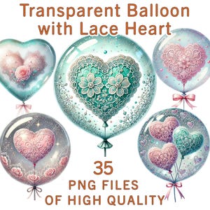 Ballon Clipart | Herz Clipart | 35 PNG-Dateien | Digitaler Aufkleber des Aquarell Spitzenherzes, kommerzielle Nutzung Hochzeit Valentinstag Sublimation