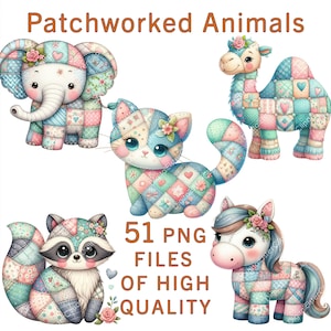 Patchwork clipart | 51 PNG Files | Watercolor Animals Clipart | Commercial Use | Children Clipart | Nursery Stickers | Baby shower crafts