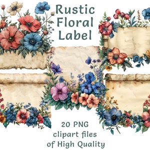 Peut étiqueter les cliparts | Étiquette florale | 20 fichiers PNG | Étiquettes à usage commercial | Éléments d'emballage aquarelle | Impression florale numérique par sublimation
