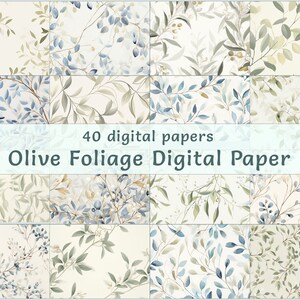 Op de afbeelding: Een set van 40 digitale papieren met een aquarelpatroon van olijfbladeren in tinten blauw, groen en beige. De papieren zijn perfect voor het maken van uitnodigingen, kaarten, scrapbookpagina's en andere knutselprojecten.