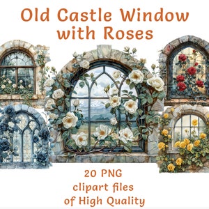 Vieux château fenêtre des cliparts - 20 fichiers PNG aquarelle, téléchargement immédiat pour un usage commercial, art numérique fantastique médiéval-gothique enchanté