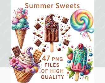 Ice cream clipart bundle, 47 Watercolor dessert clipart set, Commercial use food decor ready for sublimation print, Summer snack