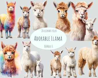 Llama Clipart | 20 PNG Files | Watercolor Alpaca Digital Bundle | Commercial use animal clipart | Sublimation print stickers set | Nursery