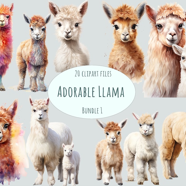 Llama Clipart Bundle, 20 Watercolor animal illustrations, High-Quality PNG, Cute Llama, Transparent Background, Nursery Wall Art & Stickers