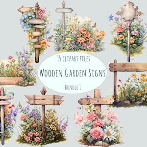 Clipart tuinbord | 15 rustieke houten borden en bloemendecor in png-stijl | Aquarelsublimatie, boerderijafdrukken, Cottagecore-esthetiek, boerenpaal