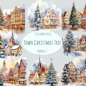 Stadsplein clipart | 15 png-bestanden | Aquarel kerstclipart | Oude stadsstickers voor commercieel gebruik | Sublimatieprint kerstboom