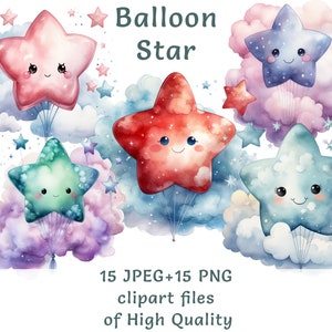Clipart kawaii ballonster - 15 aquarel png en jpeg, commercieel gebruik, voor verjaardagsuitnodigingen, kinderdecor en ambachtelijke projecten