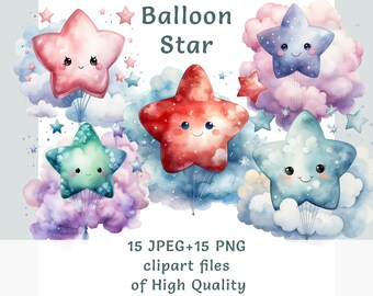 Kawaii Balloon Star Clipart - 15 Watercolor PNG and JPEG, Commercial Use, For Birthday Invitations, Children's Decor, and Craft Projects