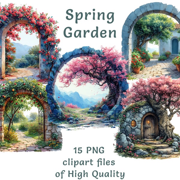 Spring Enchantment Clipart Set: 15 Watercolor PNG of Trees & Passages for Commercial Use, Seasonal Digital Art Collection, Spring Printables