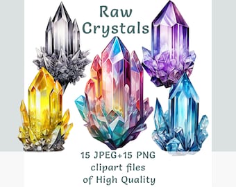 Pacchetto di clipart di quarzo, clipart di pietre preziose acquerellate, adesivi di cristallo per uso commerciale, stampa a sublimazione di tesori grezzi trasparenti png art