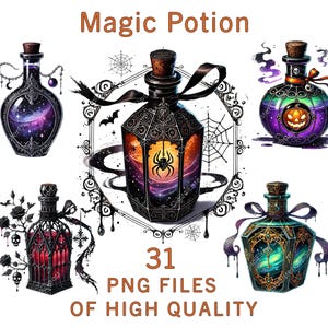 May include: Set of 31 digital illustrations of magic potion bottles. The bottles are decorated with intricate details and feature a variety of colors, including black, purple, green, and red. The bottles are filled with different liquids, including a galaxy-like substance, a green liquid with a pumpkin, and a red liquid with a spider.