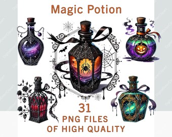 Botellas de poción mágica, botellas de alquimia de fantasía gótica, poción de brujería PNG, gráficos místicos oscuros de Halloween