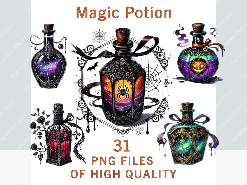 Five potion bottles in black color with Halloween elements, 31 PNG Files of high quality