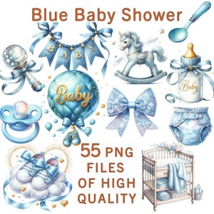 Clipart babyshower | 55 png-bestanden | Stickers aquarel jongen | Kinderkamerdecoratie | Verjaardagsclipart | Blauwe printables | Commercieel gebruik