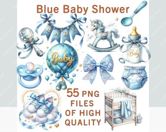 Baby Shower Clipart | 55 PNG Files | Watercolor Boy Stickers | Nursery Decor | Birthday Clipart | Blue Printables | Commercial Use