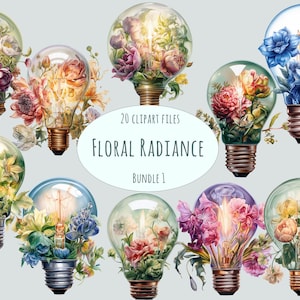 Glühbirne Clipart, Aquarell Blumen Bronze Lampen Grafiken, 20 PNG-Dateien für den kommerziellen Gebrauch, einzigartige Wohnkultur Digital Art Collection