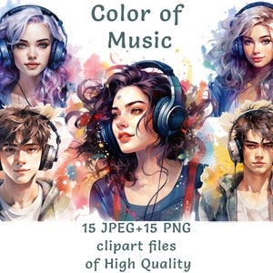 Teen in Headphones Clipart, 15 illustrazioni di ritratti di teenager con musica ad acquerello in PNG e JPEG, adesivi per vacanze e vacanze, stampabili di carte