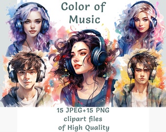 Koptelefoon clipart bundel, aquarel tiener cliaprt, commercieel gebruik muziekstickers, sublimatie print transparante png-afbeeldingen, vakantie kunst