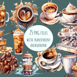 A collection of 25 coffee-themed clipart PNGs featuring barista elements, espresso machines, latte art, coffee beans, and iced coffee. High-quality digital download for sublimation and design projects.