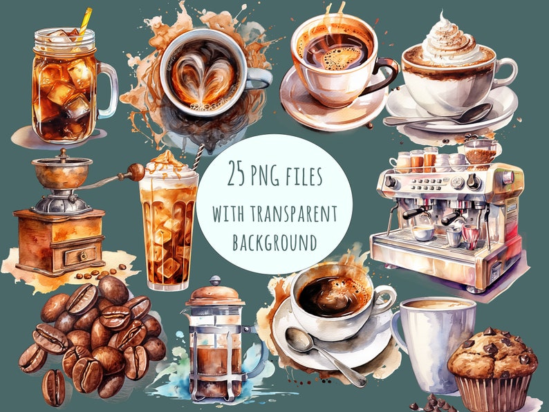 A collection of 25 coffee-themed clipart PNGs featuring barista elements, espresso machines, latte art, coffee beans, and iced coffee. High-quality digital download for sublimation and design projects.