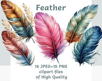 Feather Clipart Bundle - 15 Watercolor Digital Colorful PNG and JPEG Files for Commercial Use, Ideal for Designers & Crafters