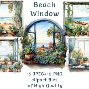 Strandraam Clipart: 15 aquarel PNG JPEG, kust digitale kunst, commercieel gebruik Serene Ocean View vakantie vakantie sappige graphics