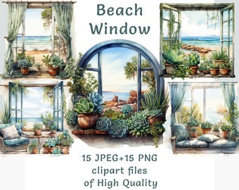 May include: A digital illustration of four watercolor paintings depicting windows with ocean views. Each window is framed with white trim and has a view of a beach with blue water and green plants. The text "Beach Window" is written in a blue font at the top of the image. The text "15 JPEG + 15 PNG clipart files of High Quality" is written at the bottom of the image.
