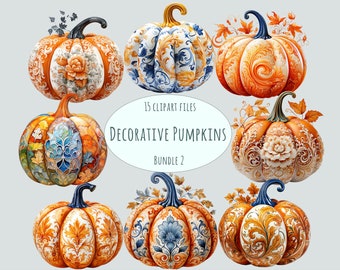 Pumpkin Clipart | 15 PNG | Watercolor halloween clipart | Commercial use sublimation print ornate orange pumpkin digital download
