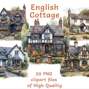 Clipart di cottage / Adesivi di cottage inglesi / 20 file PNG / Illustrazioni di case d'epoca ad acquerello / Uso commerciale / Elementi Cottagecore