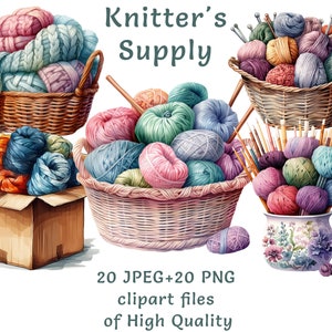 Set di clipart per maglieria, adesivi per filati: immagini di articoli lavorati a maglia ad acquerello - 20 PNG e JPEG, arte digitale artigianale, stampe all'uncinetto per uso commerciale