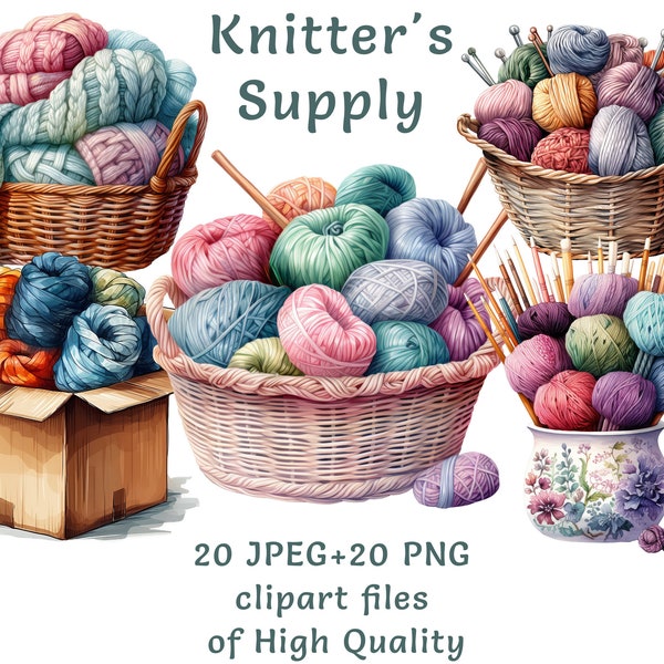 Knitting and Yarn Clipart Collection: Watercolor Knitted Goods Images - 20 PNG & JPE, Crafty Digital Art, Commercial Use Crochet Printables