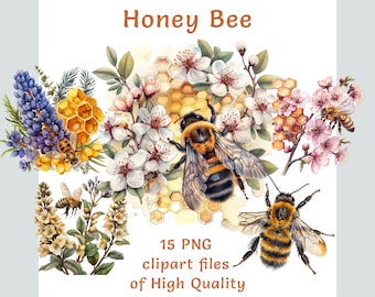 Clipart z pszczołą miodną w akwareli, 15 ekologicznych ula w formacie PNG, słodkie grafiki w kształcie plastra miodu, sztuka przyrodnicza i kwiatowa, do użytku komercyjnego