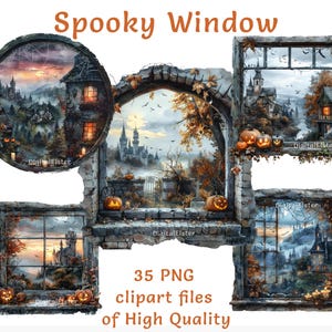 Könnte beinhalten: Eine digitale Illustration von 35 gruseligen Fenster-Clipart-Dateien. Die Fenster sind in Stein gefasst und zeigen eine Vielzahl von Szenen, darunter ein Schloss, einen Wald und einen Friedhof. Die Fenster sind mit Kürbissen und anderen Halloween-Dekorationen geschmückt. Der Text "Spooky Window" ist oben im Bild in Orange geschrieben. Der Text "35 PNG clipart files of High Quality" ist unten im Bild in Schwarz geschrieben.
