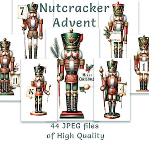 Op de afbeelding: Een set van 44 digitale afbeeldingen met illustraties van Notenkrakers. De afbeeldingen zijn in vintage stijl en tonen verschillende Notenkraker-ontwerpen, waaronder sommige die borden vasthouden met nummers en de zin "Prettige Kerst".