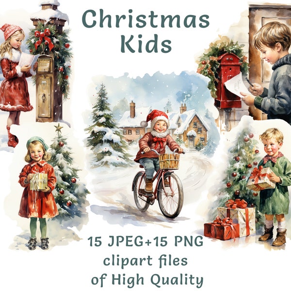 Aquarell Weihnachten Clipart, 15 hochwertige PNG Kinder Winter Urlaub Kinder kommerzielle Nutzung Printables Wandkunst Kinderzimmer Aufkleber