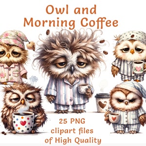 Búho soñoliento con imágenes prediseñadas de café de la mañana, 25 PNG de acuarela, uso comercial, perfecto para decoración de cafeterías, tarjetas de felicitación y manualidades con temática matutina