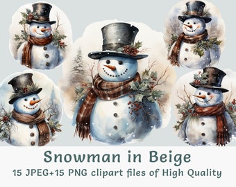 Aquarelle Snowman Clipart, 15 PNG et JPEG de haute qualité, autocollants numériques de bonhommes de neige festifs imprimables, art mural d’hiver de pépinière, carte postale