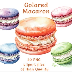 Macarons ClipArt - 20 aquarela PNG, sobremesas de confeitaria francesa de cores vibrantes, uso comercial, perfeito para design de menu e artesanato de aniversário