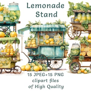 Akwarela cytrynowy wózek clipart, 15 wysokiej jakości PNG i JPEG, stoisko z lemoniadą grafika cytrusowa do użytku komercyjnego, vintage menu żywności do druku