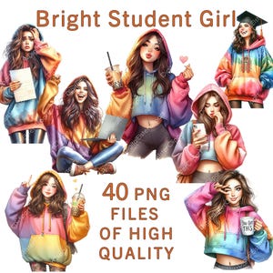 Studenten Clipart | Mädchen Clipart | 40 PNG-Dateien | Aquarell glücklich Teenager Aufkleber | Stickerbogen | Regenbogen Clipart | Zurück zu Schule Kunst